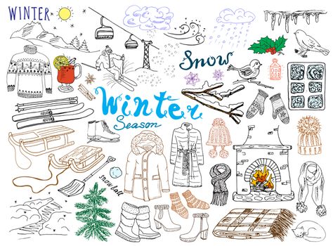 Winter season set doodles elements. Hand drawn set with glass hot wine, boots, clothes, fireplace, mountains, ski and sladge, warm blanket, socks and hats, and lettering words. Drawing set,  isolated.
