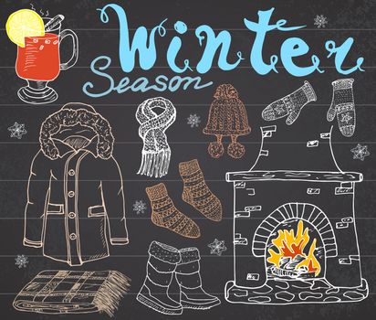 Winter season set doodles elements. Hand drawn set with glass of hot wine, boots, clothes, fireplace, warm blanket, socks and hat, and lettering words. Drawing set on chalkboard.