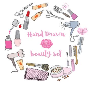 Hand drawn collection of make up, cosmetics and beauty items set, with hairbrushes, dryers, lipstick and nails  illustration isolated.