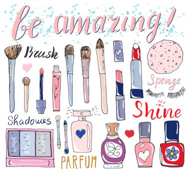 Hand drawn collection of make up, cosmetics and beauty items set, with hairbrushes, dryers, lipstick and nails  illustration isolated.