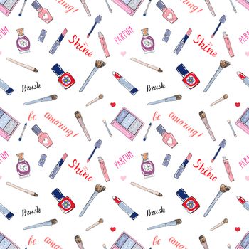 Hand drawn collection of make up, cosmetics and beauty items seamless pattern, with lipstick brush parfume and lettering vector illustration isolated.