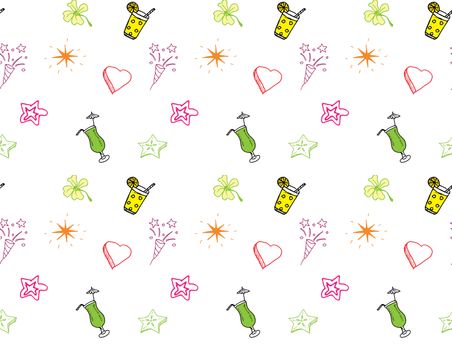 Hand drawn Birthday, party background Seamless pattern with drinks hearts and stars.