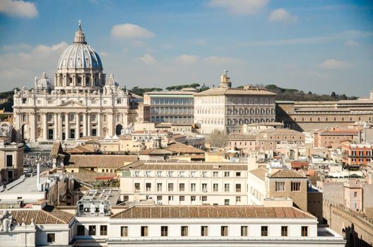 The Vatican City seen from the terrace of Castel Sant'angelo. Note the basilica of San Pietro and the Borgo district on the right, with the "passetto" that joins the castle to the Vatican city
