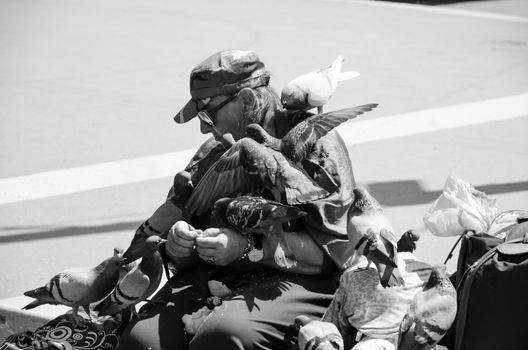 Pigeons cover a homeless woman intent on feeding them. Black and white picture