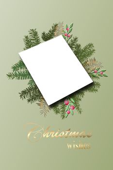 Elegant Merry Christmas abstract green foliage card with paper frame banner in pastel colors. Beautiful festive greeting design. Flat lay, mockup. Gold text Christmas wishes. 3D illustration