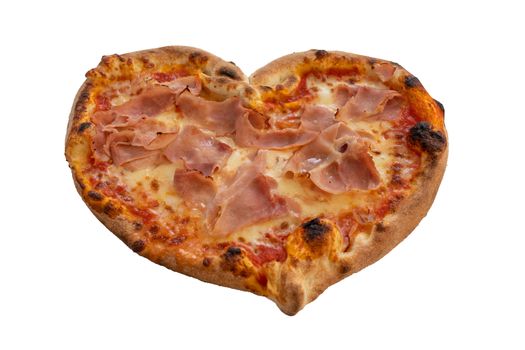 Heart shaped pizza with tomatoes and ham for Valentines Day isolated on white background,Food concept of romantic love