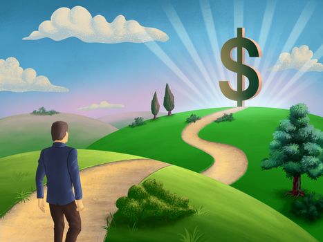 Businessman walking on a path leading to a giant dollar symbol. Digital illustration.