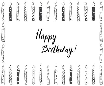 Hand drawn party background with candles, hand written lettering text happy birthday, isolated on white.