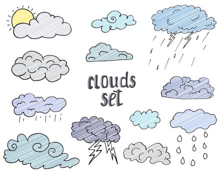 Hand drawn Doodle set of different Clouds, sketch Collection  vector illustration isolated on white.