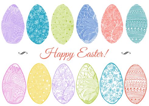 Ornamental hand drawn sketch of easter eggs in zentangle style. vector illustration with ornament and lettering happy easter, isolated.