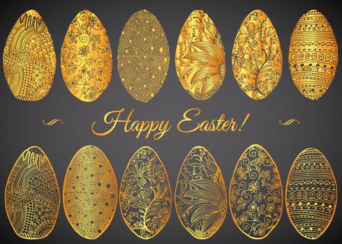 Ornamental hand drawn sketch of easter eggs in zentangle style. vector illustration with ornament and lettering happy easter, isolated.