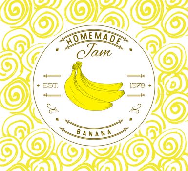 Jam label design template. for banana dessert product with hand drawn sketched fruit and background. Doodle vector Banana illustration brand identity.