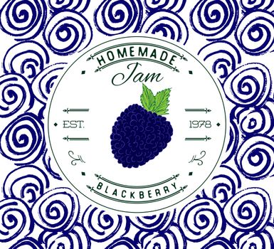 Jam label design template. for Blackberry dessert product with hand drawn sketched fruit and background. Doodle vector Blackberry illustration brand identity.