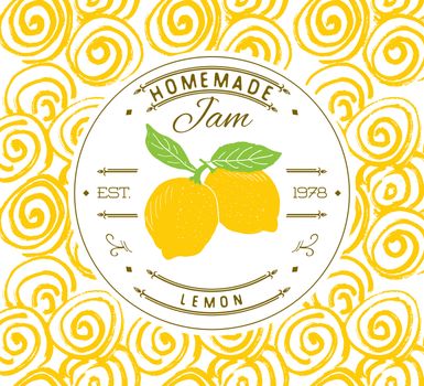 Jam label design template. for lemon dessert product with hand drawn sketched fruit and background. Doodle vector lemon illustration brand identity.