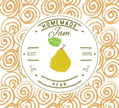 Jam label design template. for pear dessert product with hand drawn sketched fruit and background. Doodle vector pear illustration brand identity.