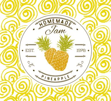 Jam label design template. for pineapple dessert product with hand drawn sketched fruit and background. Doodle vector pineapple illustration brand identity.