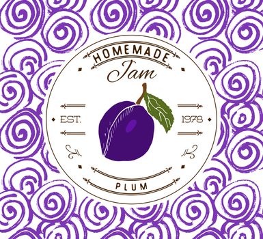 Jam label design template. for plum dessert product with hand drawn sketched fruit and background. Doodle vector plum illustration brand identity.