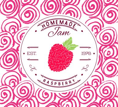 Jam label design template. for raspberry dessert product with hand drawn sketched fruit and background. Doodle vector raspberry illustration brand identity.
