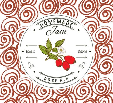 Jam label design template. for Rose hip dessert product with hand drawn sketched fruit and background. Doodle vector Rose hip illustration brand identity.