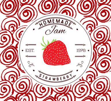 Jam label design template. for strawberry dessert product with hand drawn sketched fruit and background. Doodle vector strawberry illustration brand identity.