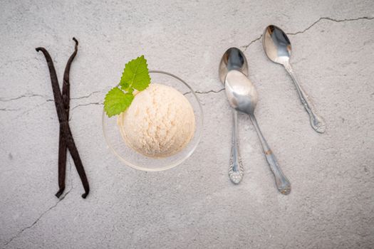 Vanilla ice cream flavor in bowl with vanilla pods setup on concrete background . Summer and Sweet menu concept.