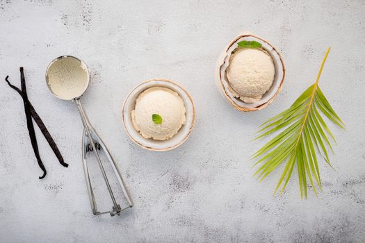 Coconut ice cream flavours in half of coconut setup on white stone background. Summer and Sweet menu concept.