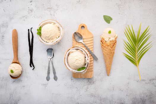 Coconut ice cream flavours in half of coconut setup on white stone background. Summer and Sweet menu concept.