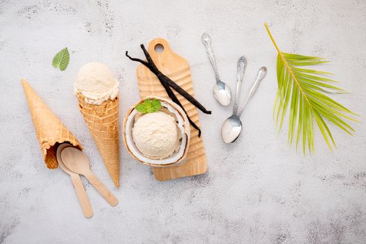 Coconut ice cream flavours in half of coconut setup on white stone background. Summer and Sweet menu concept.