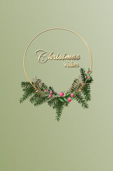 Trendy vintage Christmas floral frame in pastel colour. Fir branches with floral decorations. Gold text Christmas wishes. Invitation, card. Mockup, place for text. 3D rendering