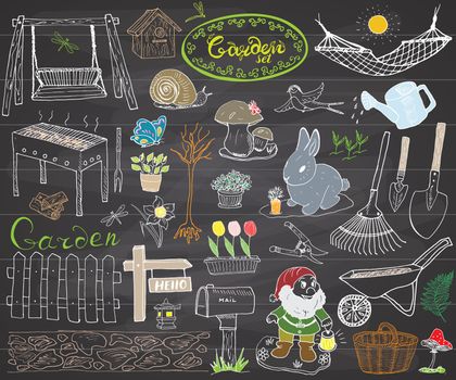 Garden set doodles elements. Hand drawn sketch with gardening tools, flovers and plants, garden figures, gnome mushrooms, rabbit, nest and birds, backyard swing. Drawing doodle, on chalkboard.