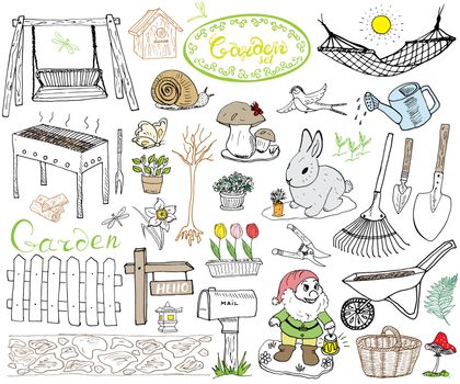 Garden set doodles elements. Hand drawn sketch with gardening tools, flovers and plants, garden figures, gnome mushrooms, rabbit, nest and birds, backyard swing. Drawing doodle, isolated on white.