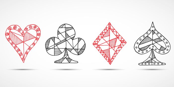 Hand drawn sketched Playing cards, poker, blackjack symbol, background, doodle hearts diamonds spades and clubs symbols.