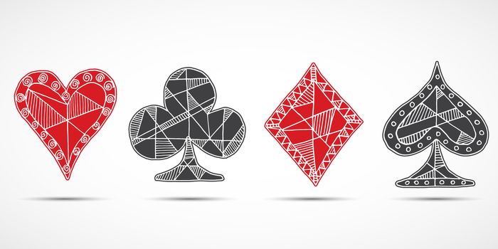 Hand drawn sketched Playing cards, poker, blackjack symbol, background, doodle hearts diamonds spades and clubs symbols.