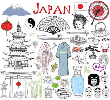 Japan doodles elements. Hand drawn sketch set with Fujiyama mountain, Shinto gate, Japanese food sushi and tea set, fan, theater masks, katana, pagoda, kimono. Drawing collection, isolated on white.