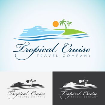 Yacht, Palm trees and sun, travel company logo design template. sea cruise, tropical island or vacation logotype icon.