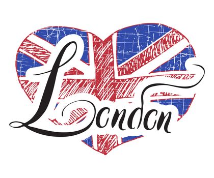 London hand lettering sign with grunge united kingdome flag in shape of heart, isolated on white background vector Illustration.