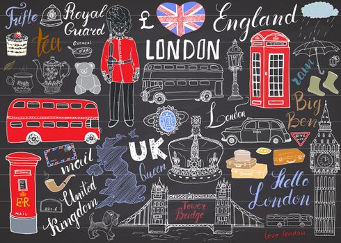 London city doodles elements collection. Hand drawn set with, tower bridge, crown, big ben, royal guard, red bus and cab, UK map and flag, tea pot, lettering, vector illustration isolated.