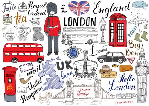 London city doodles elements collection. Hand drawn set with, tower bridge, crown, big ben, royal guard, red bus and cab, UK map and flag, tea pot, lettering, vector illustration isolated.