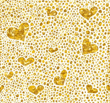 Hand drawn dotted seamless gold glitter pattern. brush herts and dots seamless pattern, vector illustration.