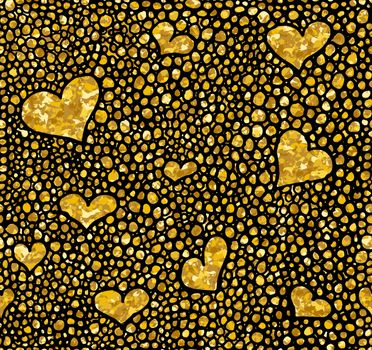 Hand drawn dotted seamless gold glitter pattern. brush herts and dots seamless pattern, vector illustration.