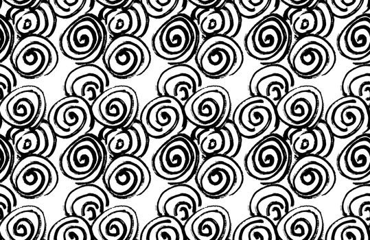 Hand drawn black brush abstract spiral seamless pattern, vector illustration.