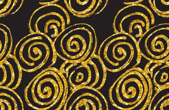 Hand drawn seamless gold glitter pattern. abstract spiral seamless pattern, vector illustration.