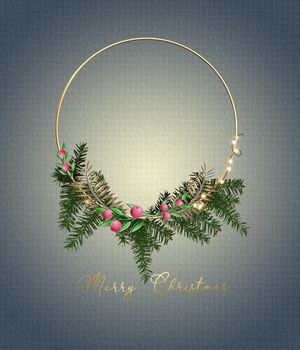 Christmas and New Year 2021 Card. Elegant floral design of Wreath with lights. Gold text Merry Christmas over pastel background. Greetings, 2021 invitation, flyer, brochure, cover. 3D illustration