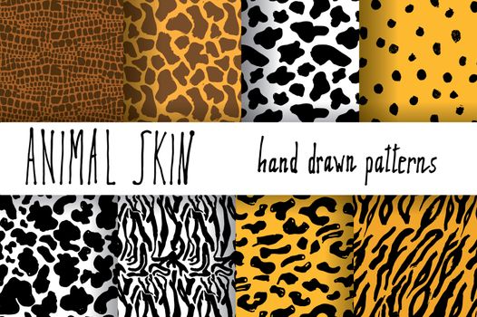 Animal skin hand drawn texture, Vector seamless pattern set, sketch drawing cheetah, cow, clocodile, tiger zeebra and giraffe skin textures.