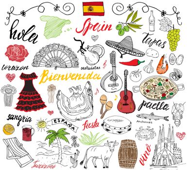 Spain doodles elements. Hand drawn set with spanish food paella, shrimps, olives, grape, fan, wine barel, guitars, music instruments, dresses, bull, rose, flag and map, lettering. doodle set isolated.