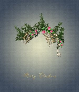 Christmas wreath. Decotative festive ornament of green foliage, red berries, lights on pastel background. Text Merry Christmas, place for text, copy space, mock up. 3D illustration
