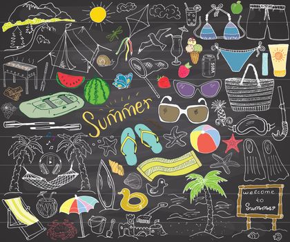 Summer season doodles elements. Hand drawn sketch set with sun, umbrella, sunglasses, palms and hammock, beach, camping items and mountains, tent and raft, grill, kite. Drawing doodle, on chalkboard.