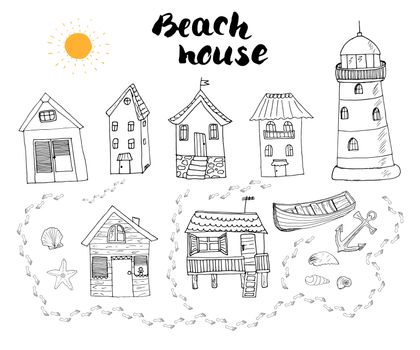 Beach huts and bungalows, hand drawn outline doodle set with light house wooden boat and anchor, seashells and footsteps on sandy beach, vector illustation isolated on white background.