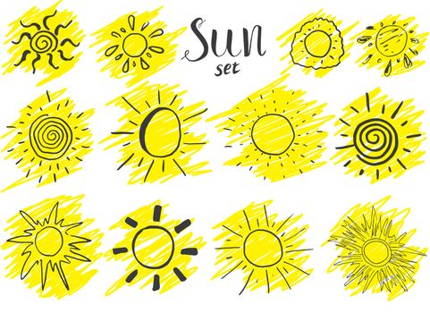 Hand drawn set of different suns, sketch vector illustration isolated on white.