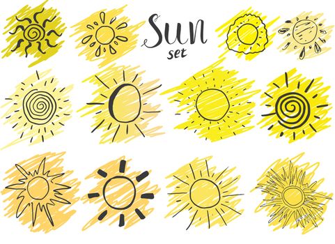 Hand drawn set of different suns, sketch vector illustration isolated on white.